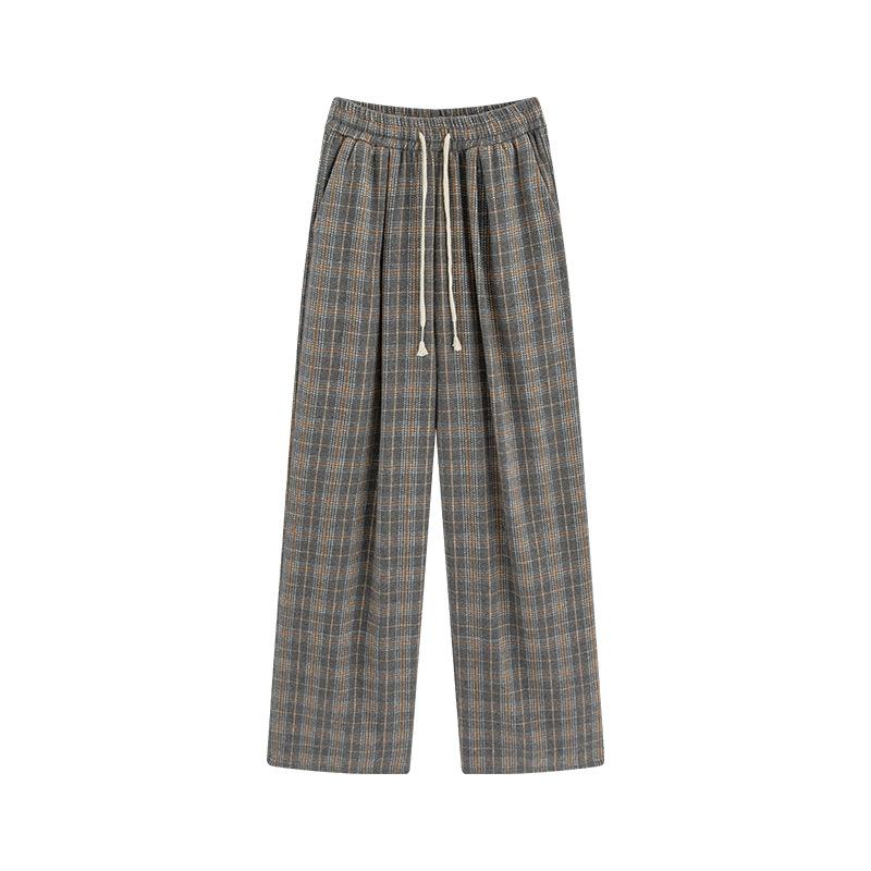 Gray Retro Woolen Plaid Pants Women's Autumn and Winter New Thin Contrasting Lazy Straight-leg Pants