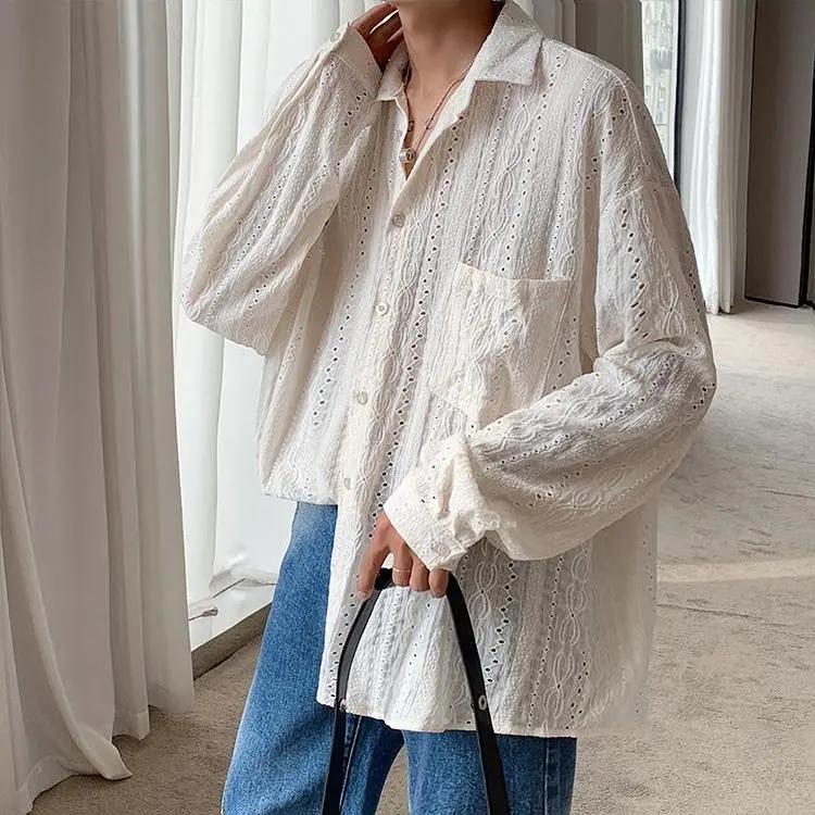 Men's Summer Hollowed Out Design Loose Casual Shirt Handsome Long-sleeved Air Jacket