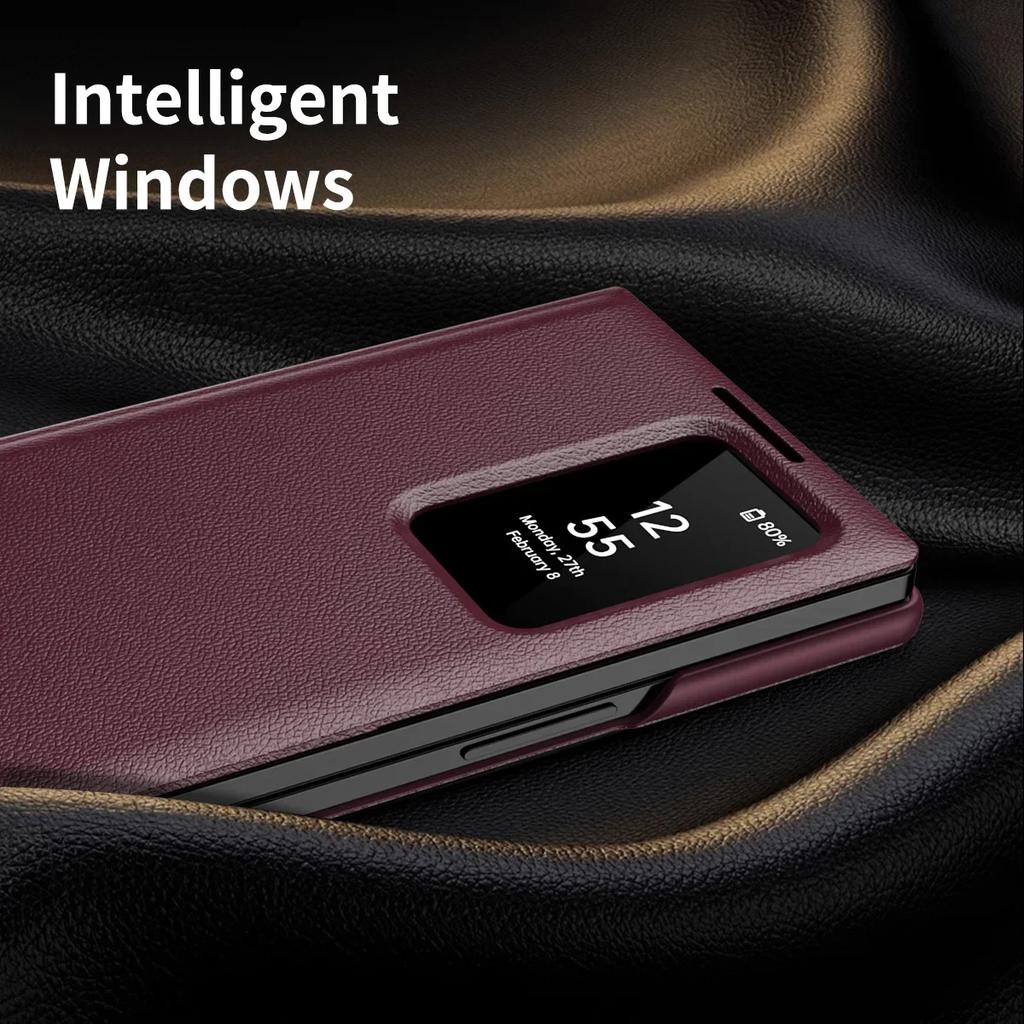Funda de Cuero de Alta Gama con Tacto Suave para Samsung Galaxy Z Fold 7 6 5 4 Pantalla LED Inteligente HD Cubierta Trasera a Prueba de Golpes Windows