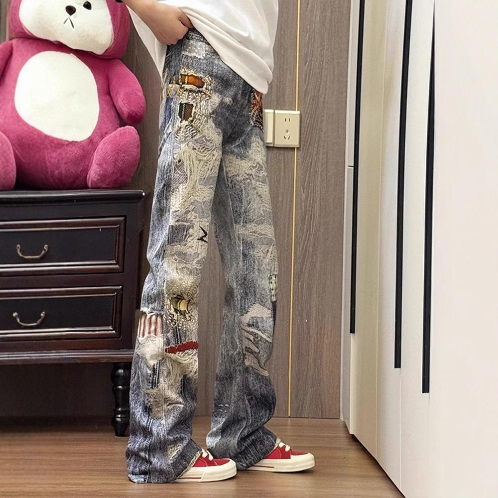 JYL Men's Straight Jeans American Vintage Ripped Casual Vintage Loose Denim Pants