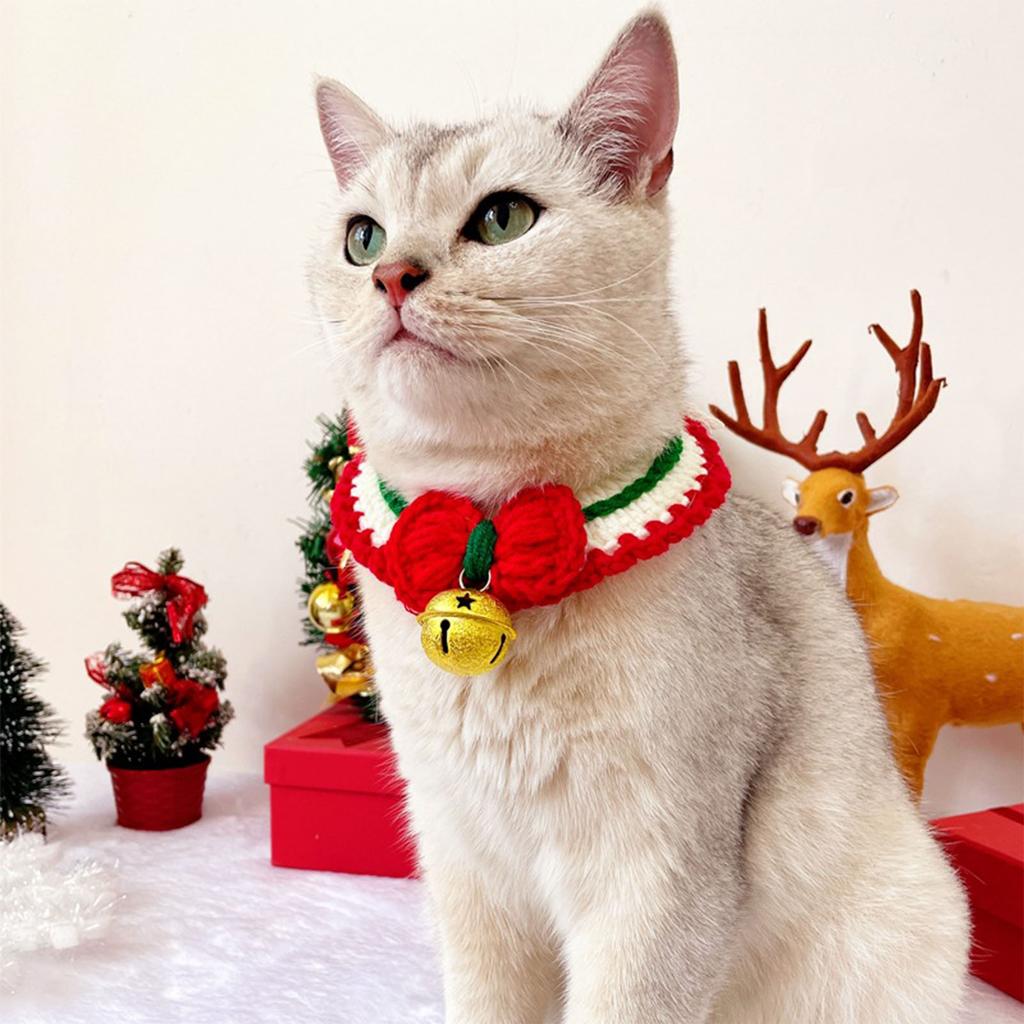 Pet Christmas Collar Adjustable Cute Hand Woven Cat And Dog Knit Cat Collar Scarf With Bell M Golden Bells Red Collar