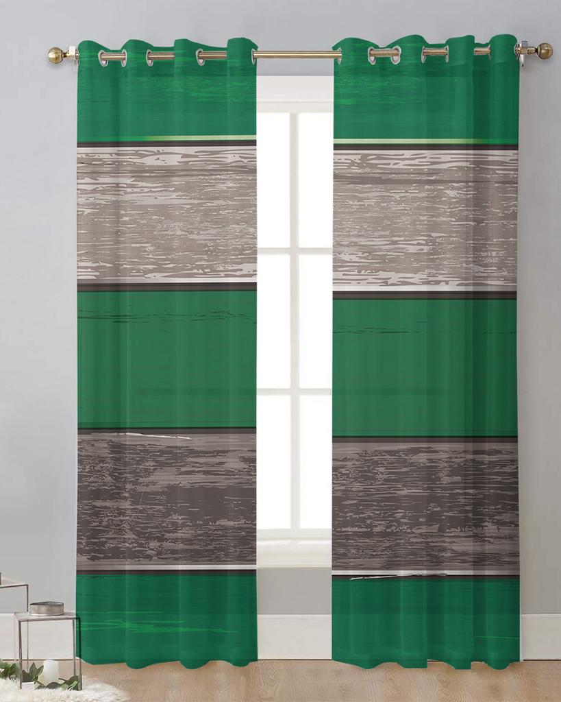 Vintage Farm Wood Grain Forest Green Sheer Curtains for Living Room Decoration Window Curtains Kitchen Tulle Voile Curtains