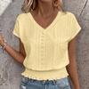 Women Tops V-Neck Short Sleeve Jacquard Decoration Pullover Tops Solid Color Loose Fit Elastic Hem T-shirt