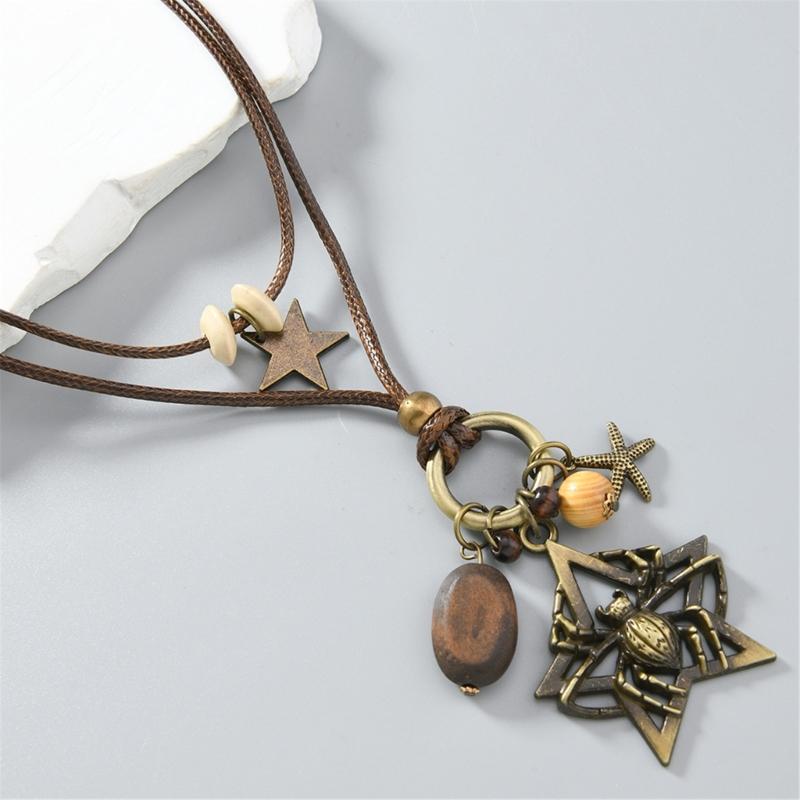 Retro Gothic Jewelry Pieces Alloy Spiders Charm With Cord And Wood Bead Detailing