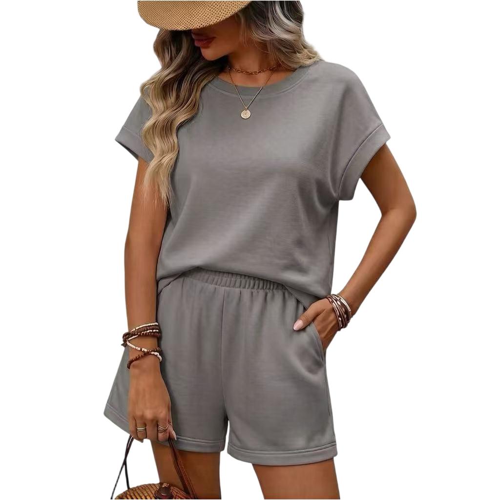 Conjunto de Dos Piezas para Mujer: Top de Manga Corta Holgado y Shorts, Atuendo Casual de Verano, Tejido Suave, Estilo Relajado, Ropa de Casa para el Uso Diario
