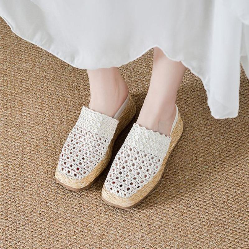 Hollowed-out Woven Toe Cap Half-slipper Women's 2025 Summer Breathable Insole Height-increasing Straw Woven Thick-soled Shoes