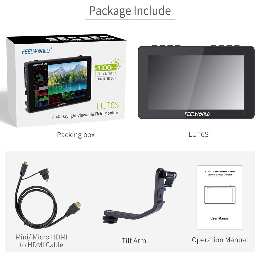 FEELWORLD LUT6S 2600nits LUT Touchscreen DSLR Camera Field Monitor with 4K 1920x1080 IPS 6-inch Ultra-Bright HDR/3D Waveform, Vectorscope, Histogram,