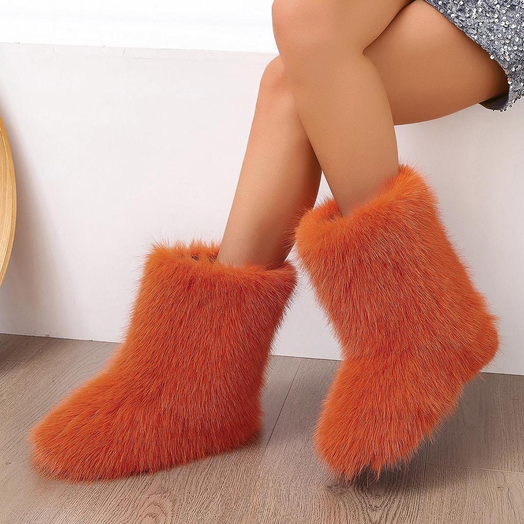 Europeiska Y2K Dam Mid-Calf Pälssnöskor - Varma, Moderiktiga, Plattbottnade Vinterstövlar