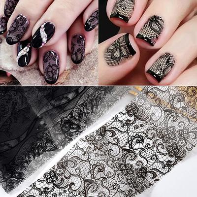 10 Parça Siyah Dantel Tırnak Sanatı Folyo Seti Üst Floral Charmnail Transfer Etiket Kağıdı