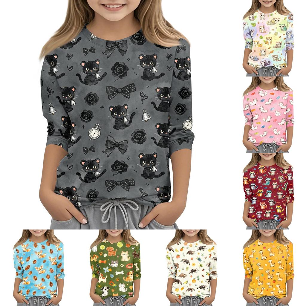 Kids Animal Print Crew Neck Three Quarter Sleeve Casual T Shirt Soft Fabric Comfortable Fit Lightweight Design for Everyday Wear
