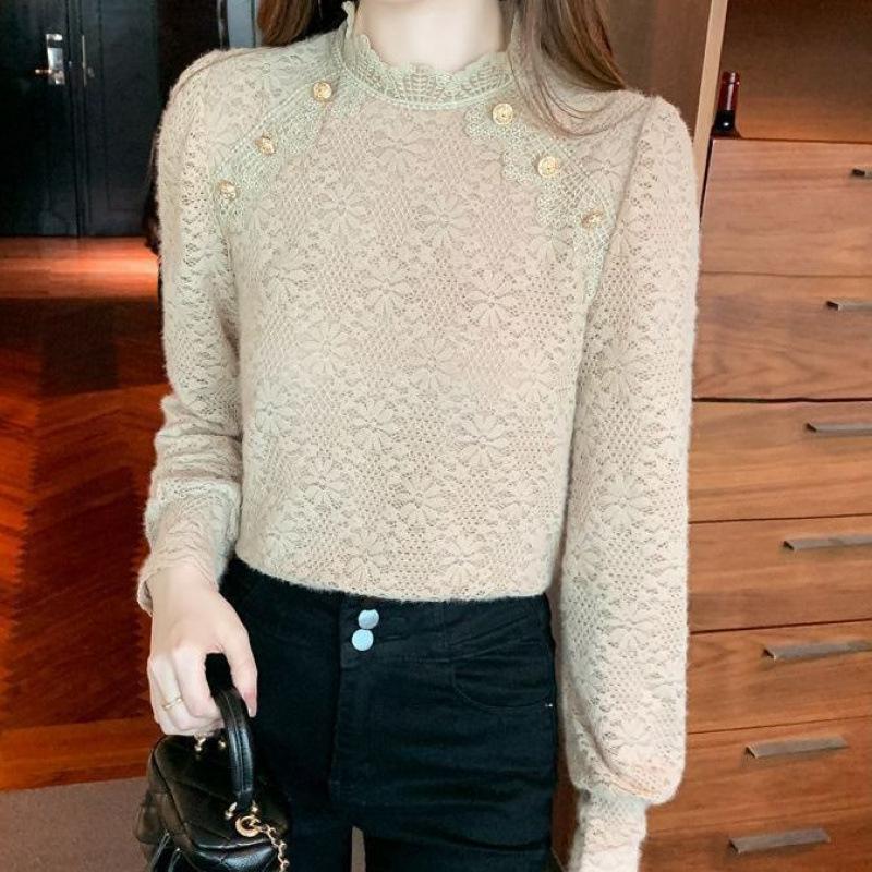 

Autumn and Winter Flocked Frosted Lace Sweater, Women s Semi-high Neck Fleece Base Layer, Women s Stylish Inner Layer, Women s Top S