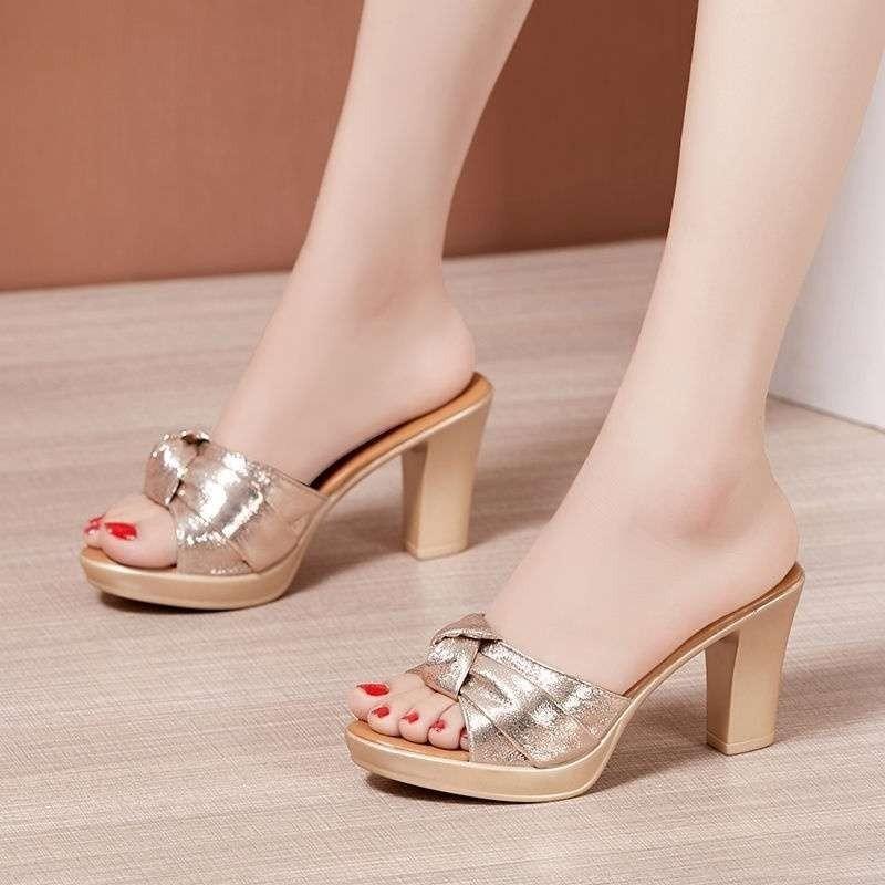 

Fashion New Summer High-heeled Slippers for Women. Wear Thick-heeled, Soled, Fish-mouthed, Open-toe Flip-flops on The Outside 42 золотой