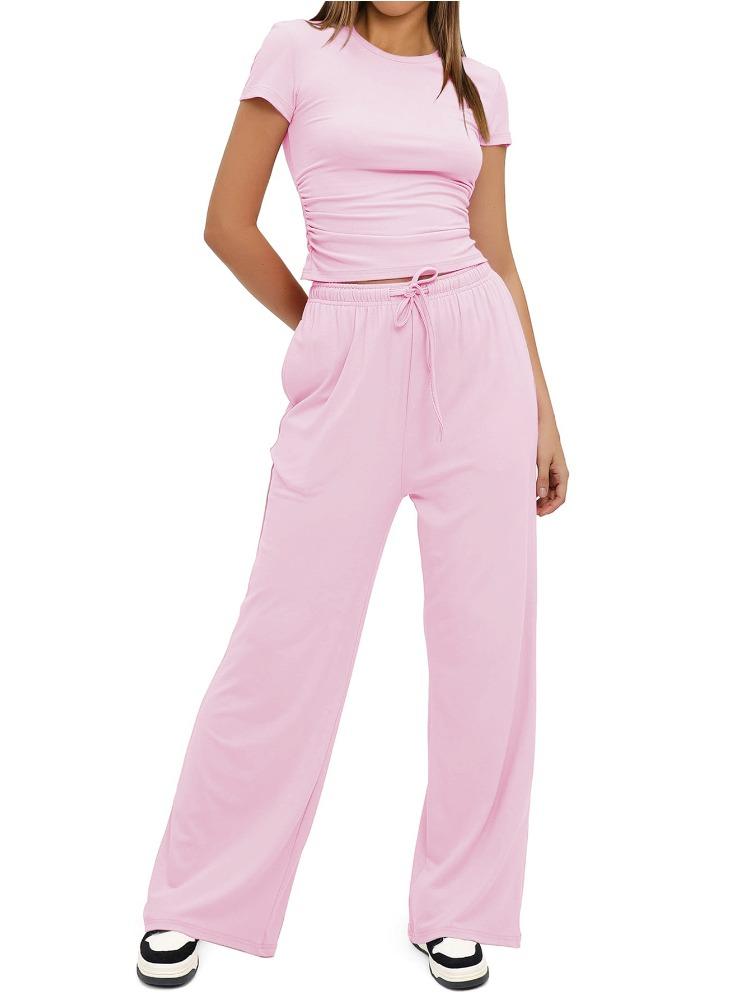 Solid Color Casual Long Sleeve Set Top High Waisted Wide Leg Pants Sportswear