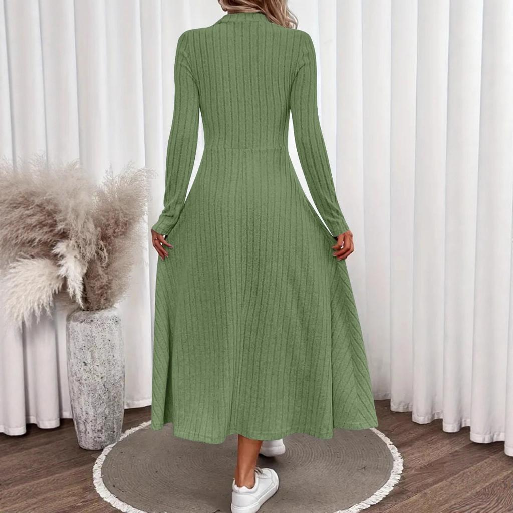 Fall Winter Solid Color Crew Neck Brushed Ribbed Maxi Dress Elegant Fashion Long Dress for Women European American