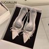 Fashion SUOJIALUN New Brand Women Sandal Shoes Fashion Pointed Toe Bow-Knot Shallow Slip On Slingback Shoes Thin Low Heel Dress Pumps