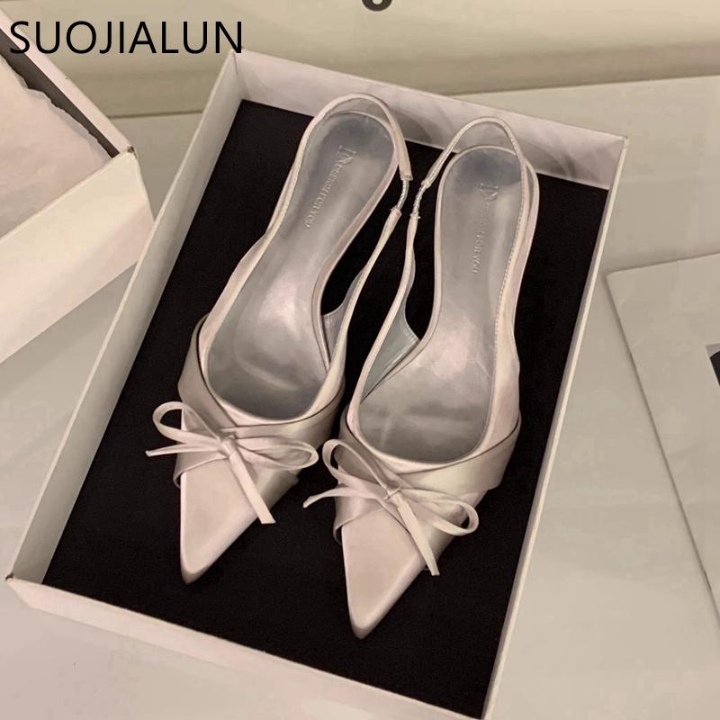 Fashion SUOJIALUN New Brand Women Sandal Shoes Fashion Pointed Toe Bow-Knot Shallow Slip On Slingback Shoes Thin Low Heel Dress Pumps