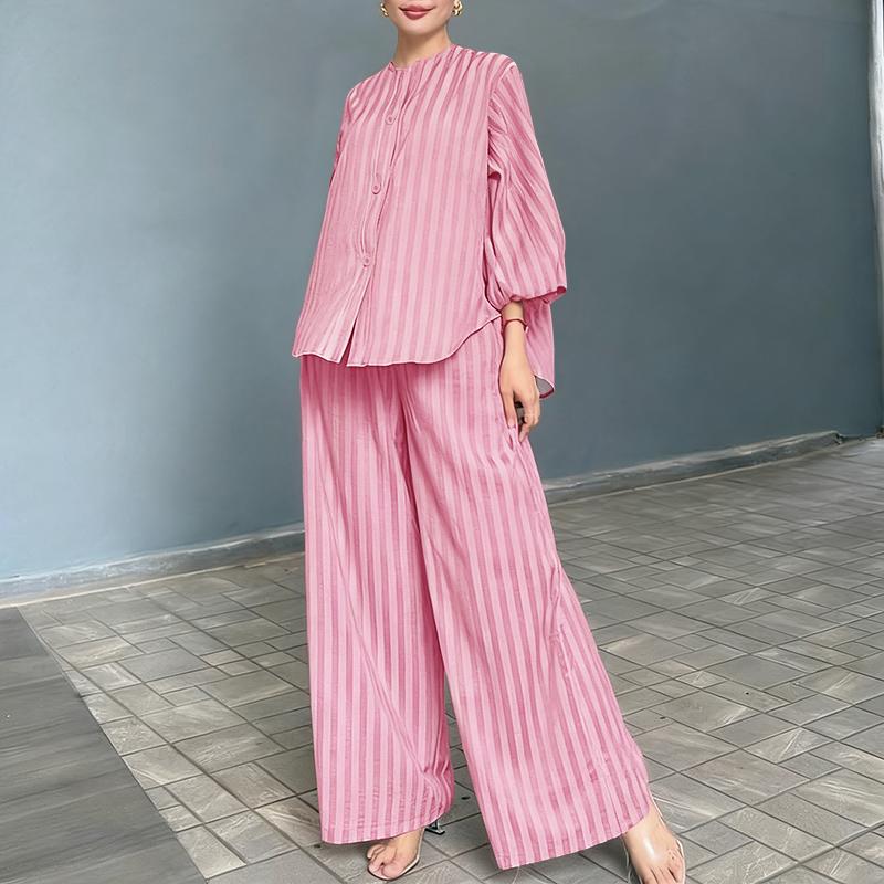 ZANZEA Bluză cu mânecă lungă și pantaloni Costum casual cu două piese cu dungi