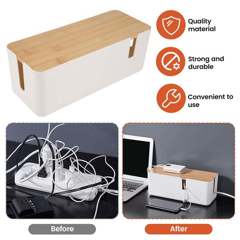 Bamboo Top Power Strip Cover Box - Cable Organizer for Desk, Multi-Outlet Cord Hider Storage Case Desk Organizer