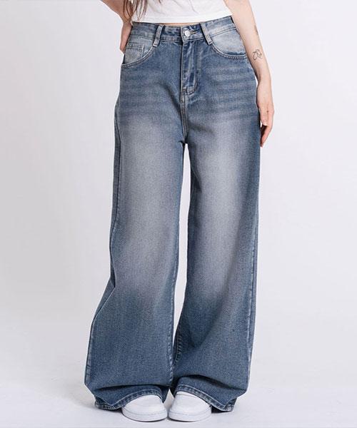 Elleonasi P53_[Standard/Long/S~3Xl/4 Colors] Washed Back Hem Wide Denim Pants / Light Blue
