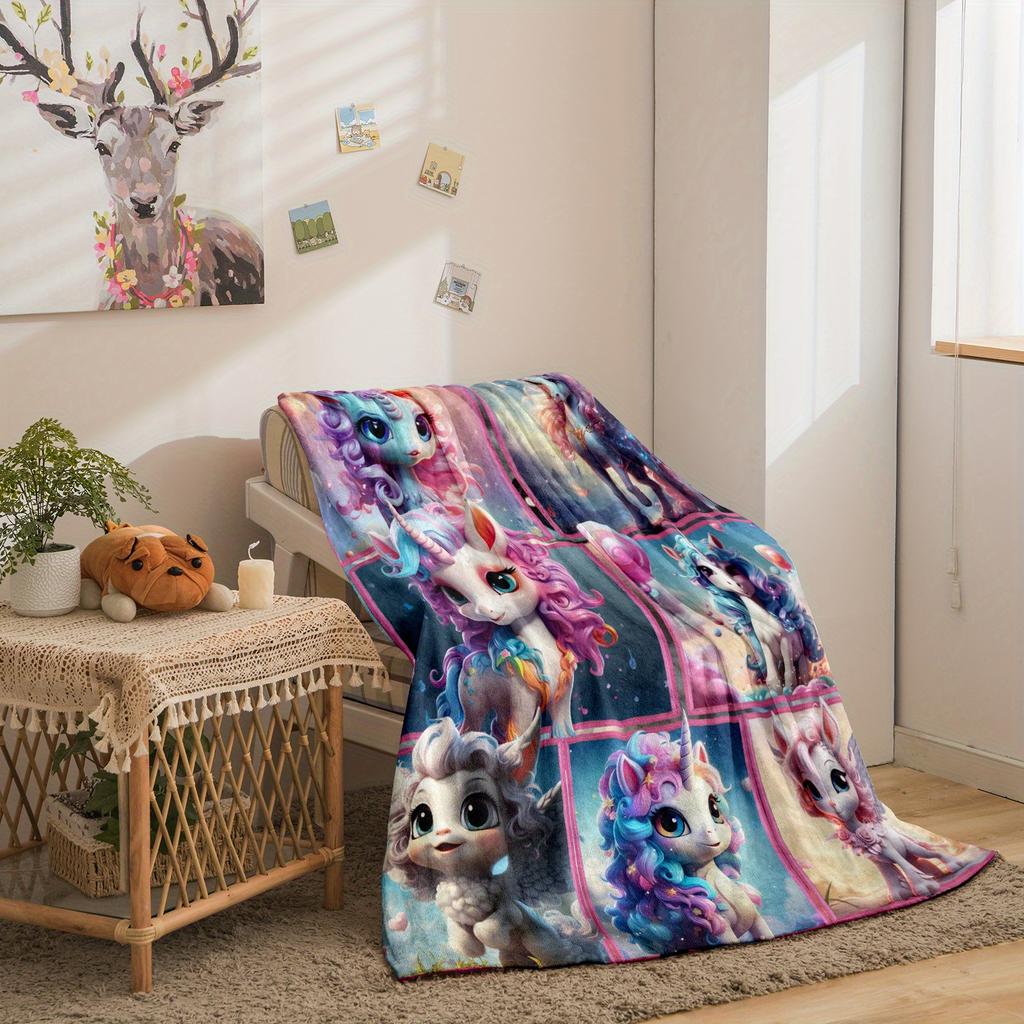Cute Rainbow Unicorn Flannel Throw Blanket Cartoon Pegasus Patchwork Kids Bed Sofa Blanket
