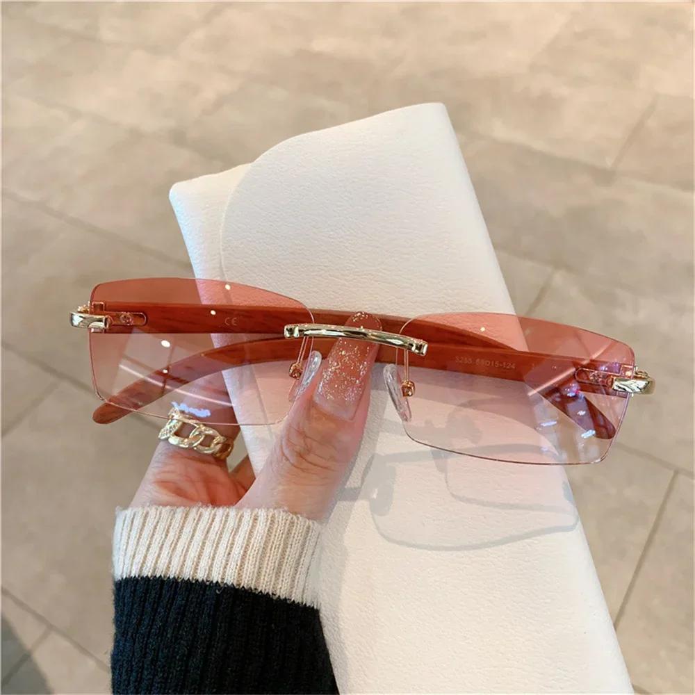 Prostokątne okulary przeciwsłoneczne bez oprawek dla kobiet mężczyzn Gangster 90s bezramowe odcienie Retro Vintage modne okulary z drewnianą ramką