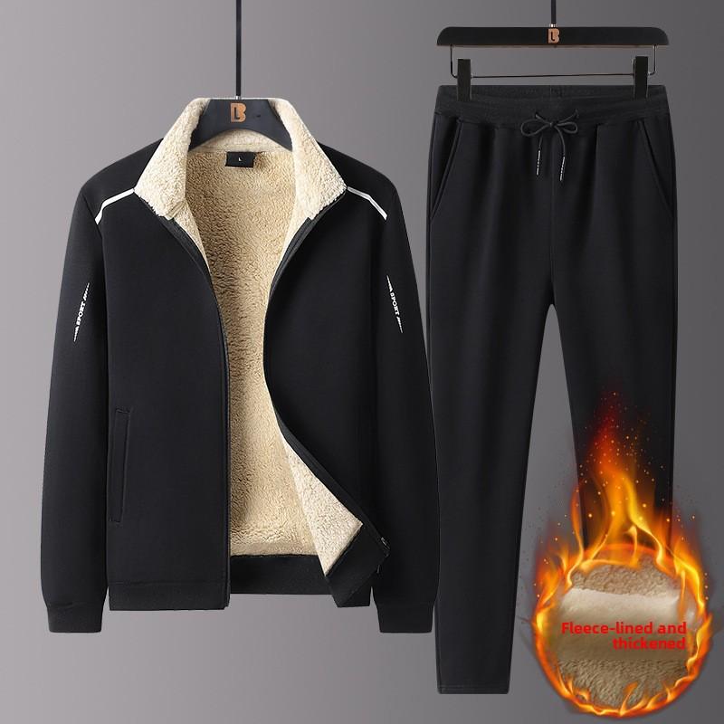 Middle-aged and Elderly Men's Warm Sweatshirt Set Winter Fleece Lined Thickened Sports Jacket Dad's Winter Outfit Lamb Wool Two-piece Set