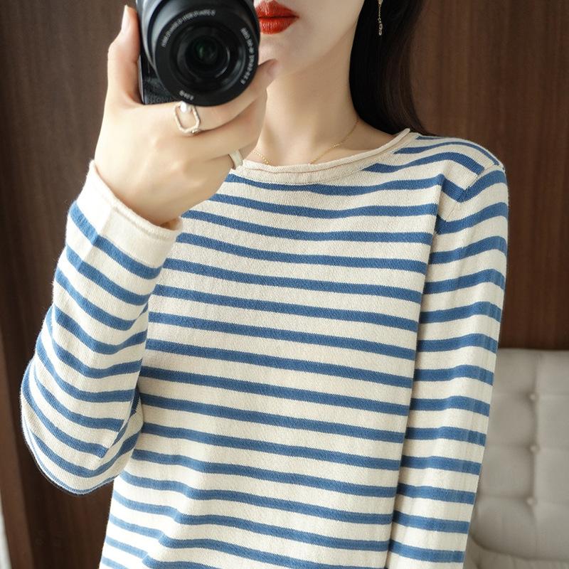 Women Sweater Curled O-neck Strip Pullover Autumn Spring Casual Knit Clothing Fashion Soft Bottoming Sweater Tops