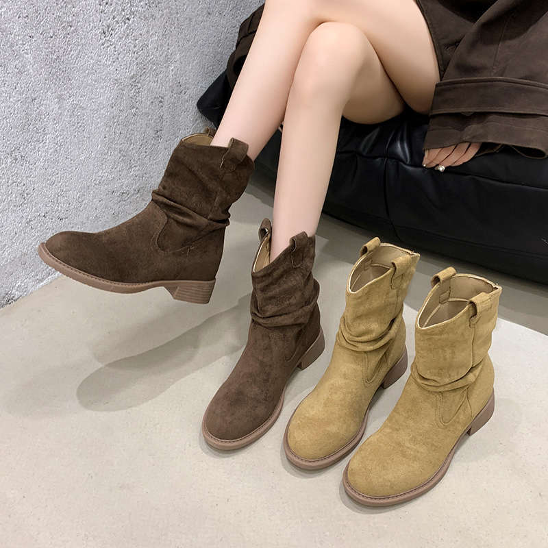 Retro Pile Boots Thick Heel Short Boots Women's New Autumn V-mouth Thin Maillard Western Cowboy Martin Boots
