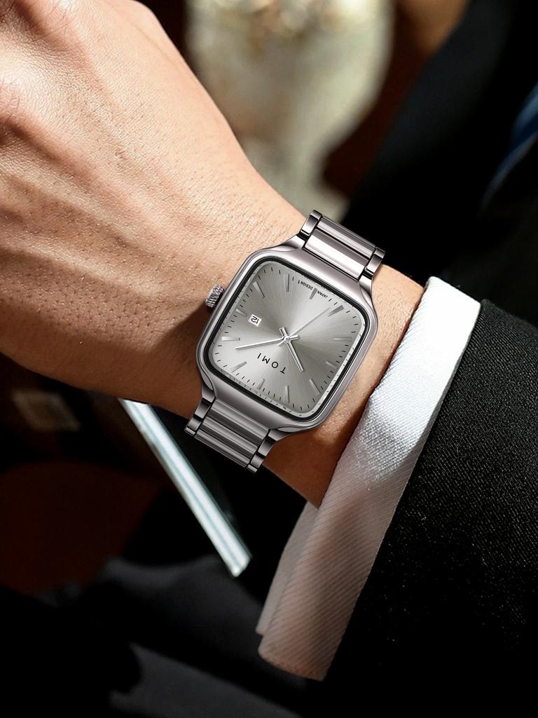 Men Square Quartz Watch Stainless Steel Strap Classic Fashion Wristwatch Gift Set