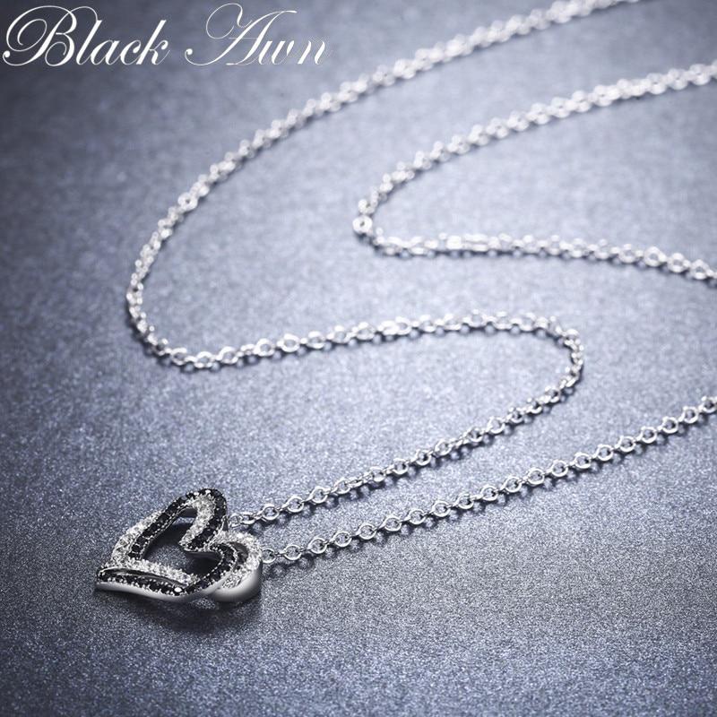 BLACK AWN Heart Genuine LOVE Necklaces Pendants Jewelry Black&White Stone Jewelry For Women