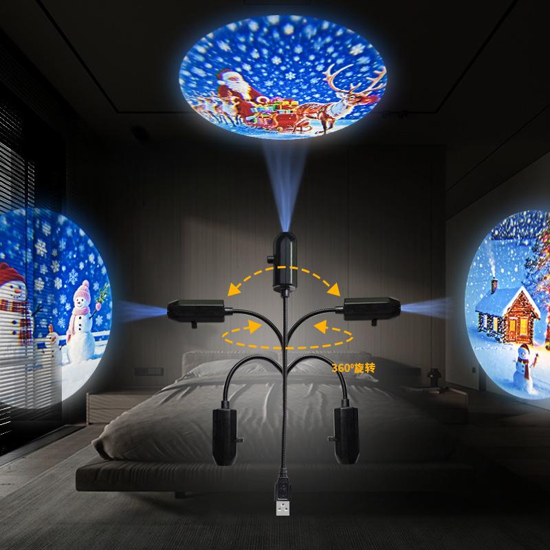 Christmas LED USB Projector Light 4pcs Projection Patterns- Adjustable USB Night Light for Festival Decorations