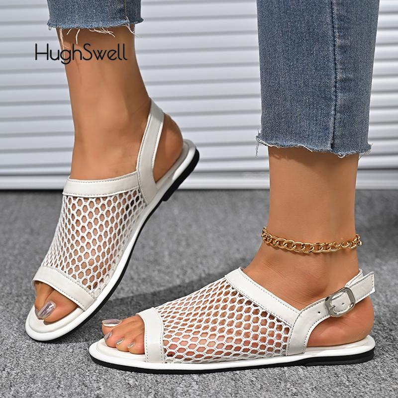 Mode Mode Fisknät Spänne Rem Sandaler Kvinna Märkesdesign Urskurna Mesh Platta Skor Damer Sommar Andningsbara Nät Mules Tofflor
