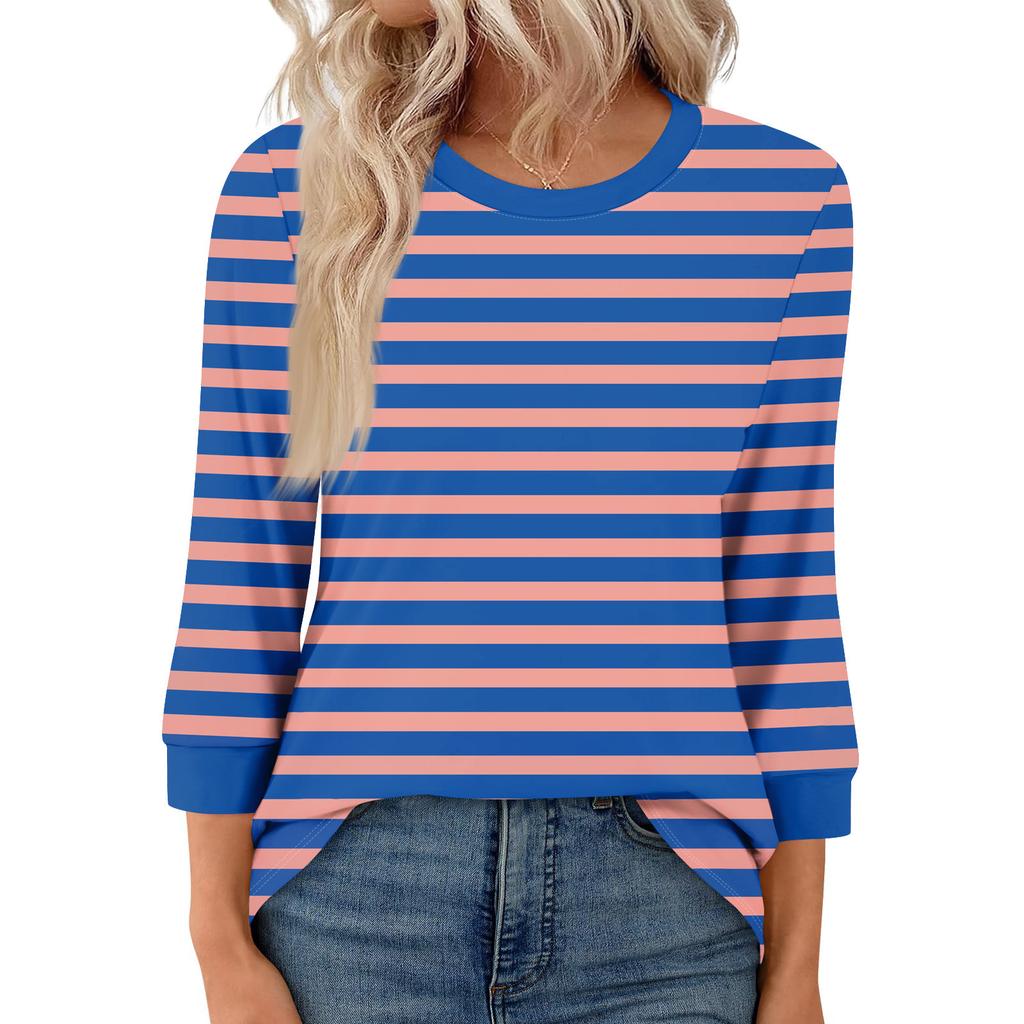 Women's Fashion Casual Seven Sleeve T-Shirt Print Round Neck Top