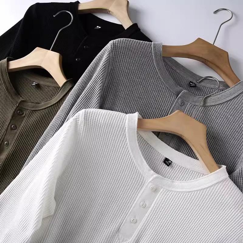 Men Women Long Sleeve Pullover T Shirt Waffle Knit Henley Neck