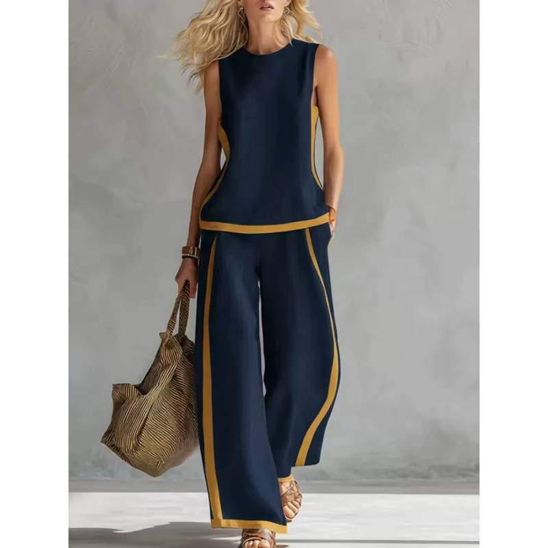 Tuta da donna estiva senza maniche a blocchi di colore con tasche e inserti per abbigliamento casual