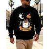 Men's Graphic Print Crew Neck Sweatshirt With Ghost Pumpkin Skeleton Hot Cocoa Autumn Halloween, Loose Fit Streetwear.