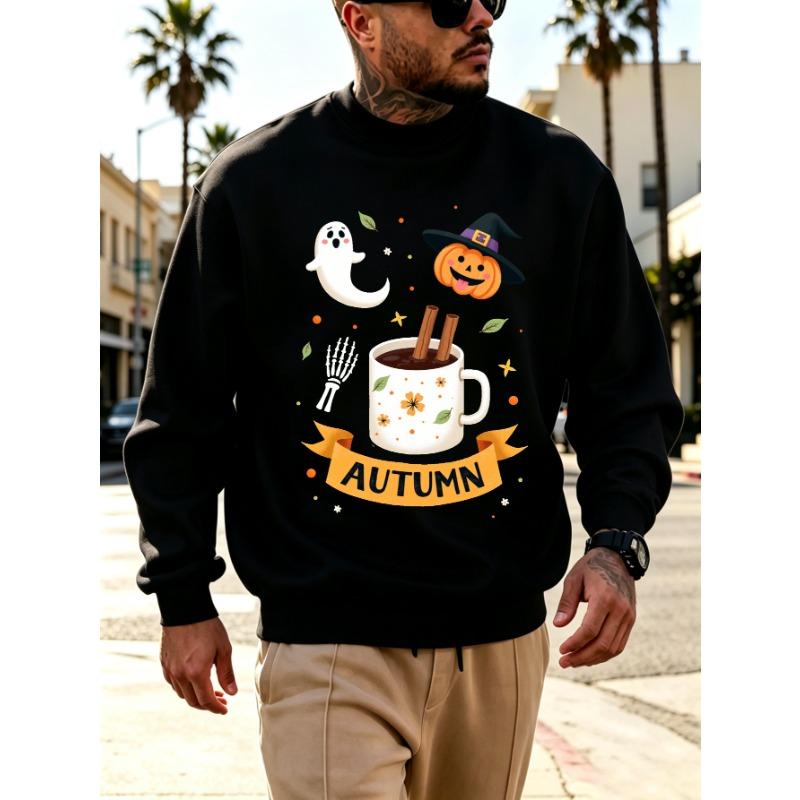 Men's Graphic Print Crew Neck Sweatshirt With Ghost Pumpkin Skeleton Hot Cocoa Autumn Halloween, Loose Fit Streetwear.