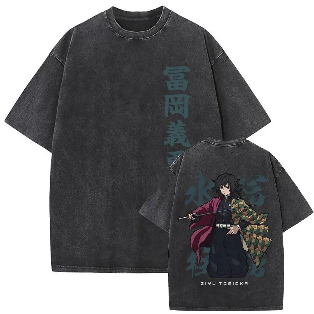 Demon Slayer Himejima Gyomei Stone Breathing Vintage Washed Double Sided Print T-Shirt, Unisex Oversized Streetwear, Anime Fan Gift