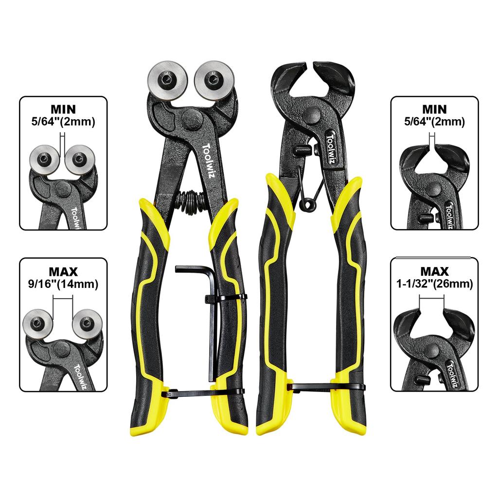 Toolwiz Tile Nippers with Handles and Tungsten Steel Wheel Blades for DIY Applications on Stained and More (2-Pack) Non-Slip Glass, Ceramic, Tile,