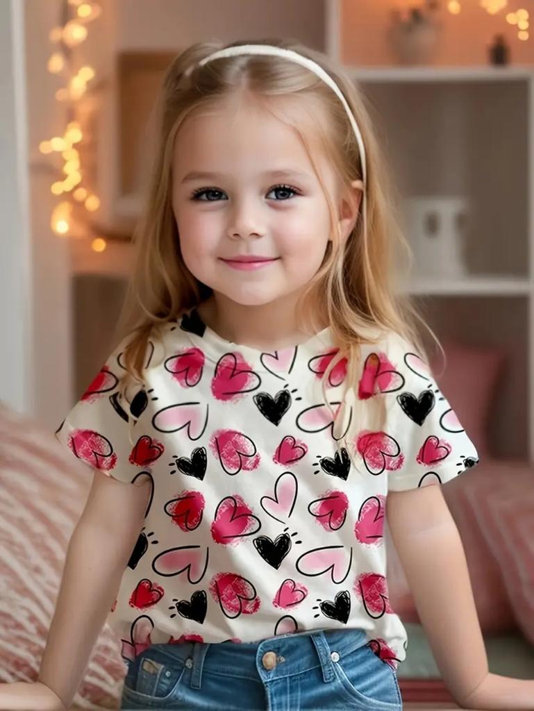 T-shirt Fille Mignon Motif Nœud d'Amour Manches Courtes pour Enfants T-shirts Graphiques Vêtements Y2k Mode Filles Pull Hauts d'Été