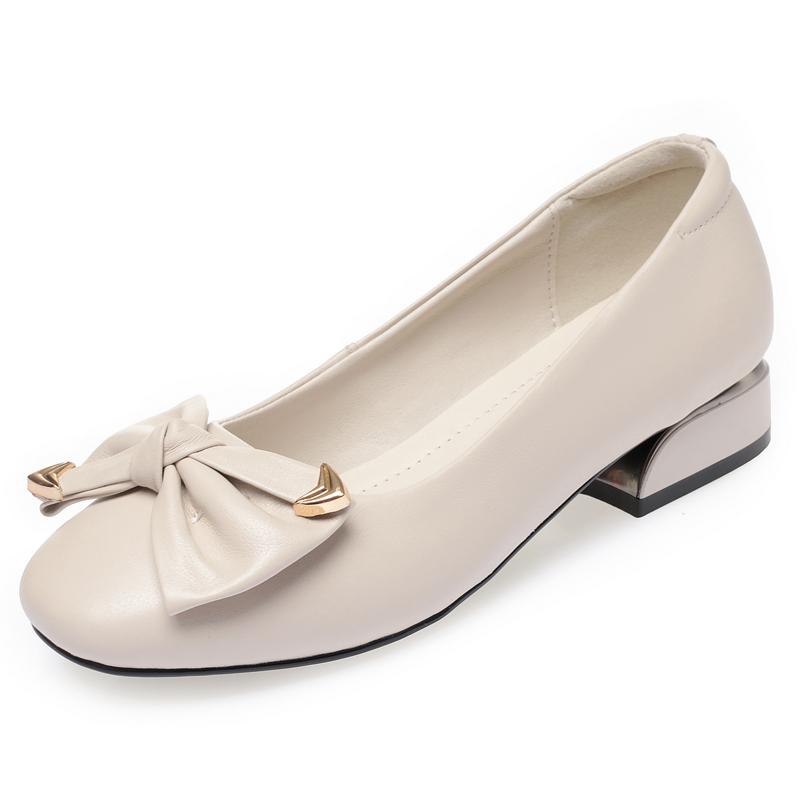 Dámské jarní boty pravá kůže na středním podpatku červené boty ženy s kulatou špičkou mělká mašle Dámské boty