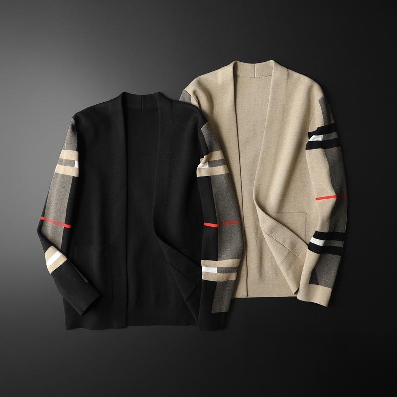 Men's Knitted Cardigan Sweater Slim Fit Autumn and Winter V-Neck Plaid Line Casual Jacket