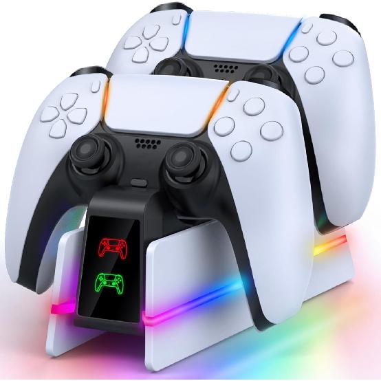 PS5-Controller-Charger-Station, PS5 Charging Station for PS5 Dualsense/Edge Controller with 9 RGB Color Light, Fast PS5 Charging Dock & Controller