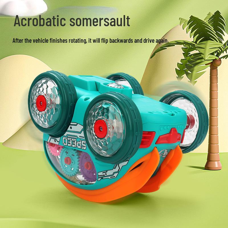 Electric Stunt Dump Truck with Music, Lights & 360° Rotation - Transparent Gear Toy for Kids