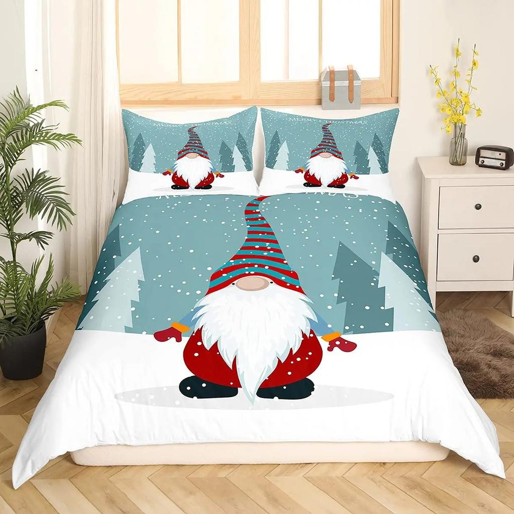 Xmas Duvet Scandinavian Christmas Santa Gnomes Comforter Cover Snowing Santa Claus Bedding Sets Romantic Candlelight Quilt Cover