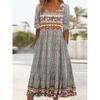 Vintage Floral Print Cotton Summer Midi Dress Women Ethnic T-Shirt Dress