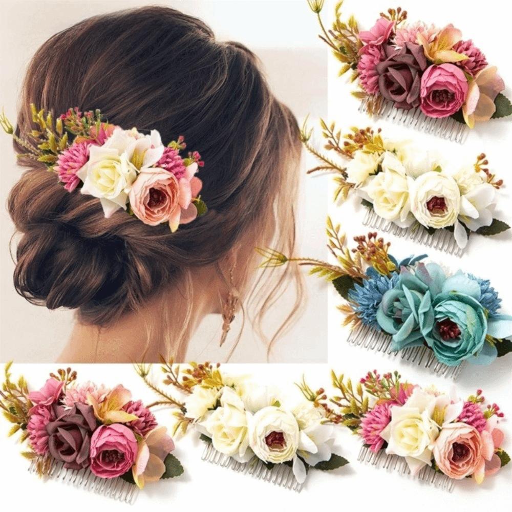 Multicolor Flower Hair Combs Alloy Cloth Bridal Hairpin Ethnic Style Simulated Flower Hair Accessories Hair Accessories