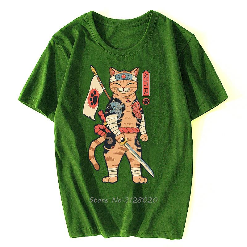 Anime Samurai Cat T Shirt Men Japanese Ukiyo-E Ninja Cat Print T-Shirt Men Cotton Tshirt Fashion Streetwear Harajuku Tees