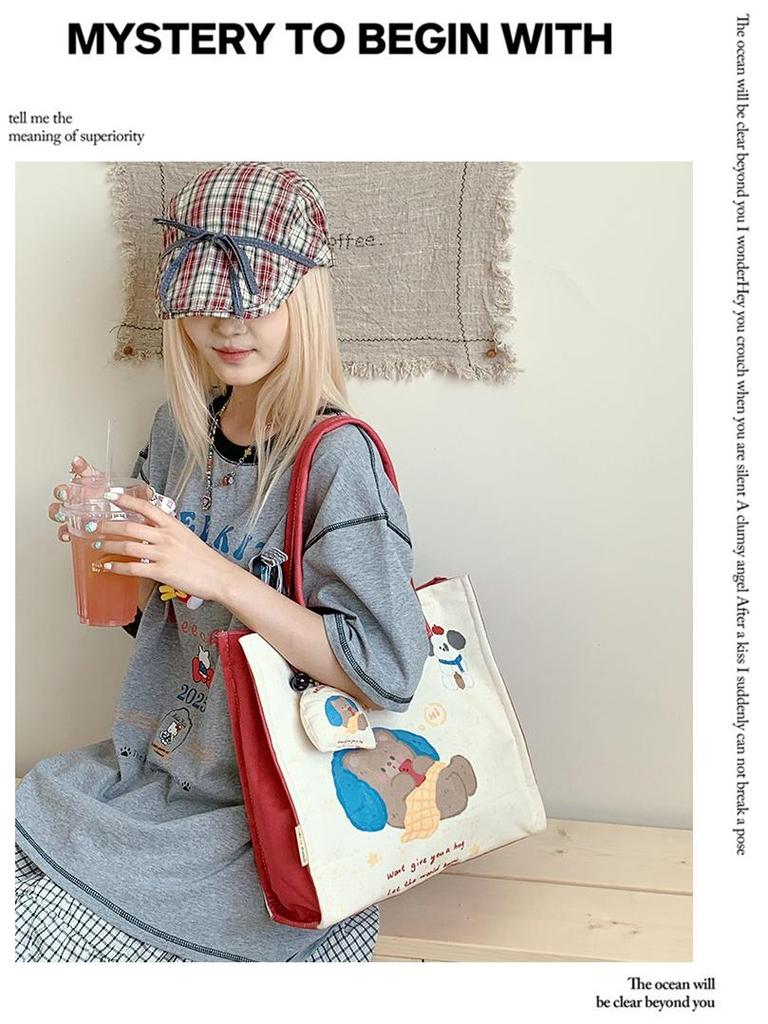 Niche Design Cute Cartoon Canvas Tote Bag, Large Capacity Shoulder Bag for Women, Autumn/Winter Korean Lazy Style