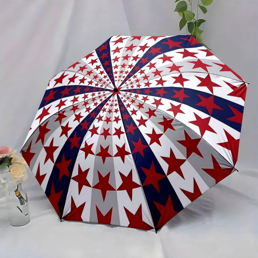 Automatic Folding Umbrella Red stars with a radiating blue and white striped pattern. Portable collapsible design, casual outd